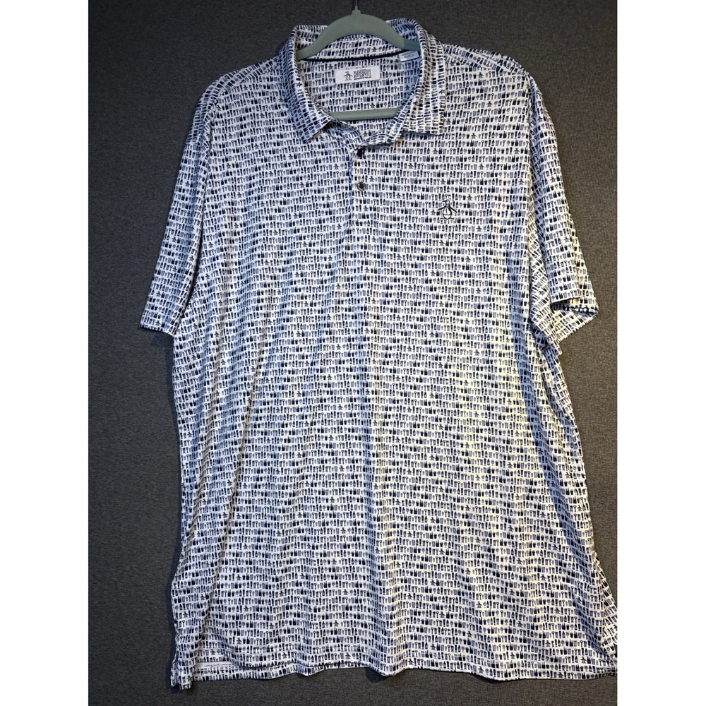 Original Penguin Mens XXL White Navy Beer Glass Bottle Print Polo Shirt OPMK0505
